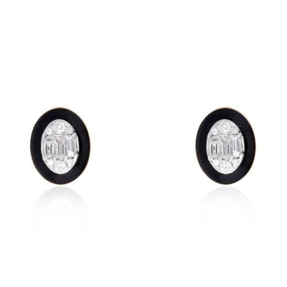 Oval Black Enamel 14K (or 18k upon request) Yellow Gold Diamond Stud Earrings
